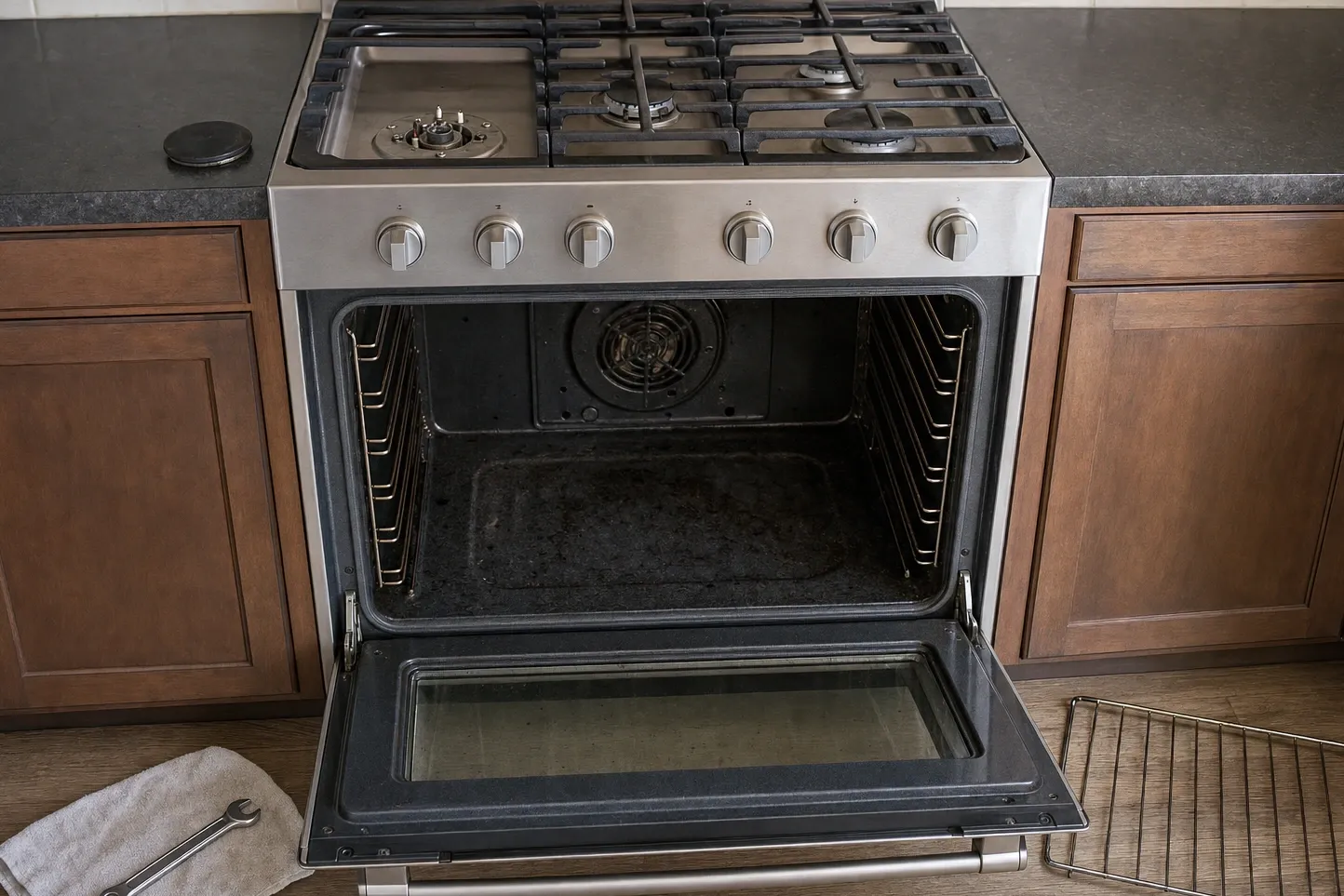 Stainless gas range with the oven door open on an empty cavity, convection fan cover at the back and a griddle plate on the cooktop