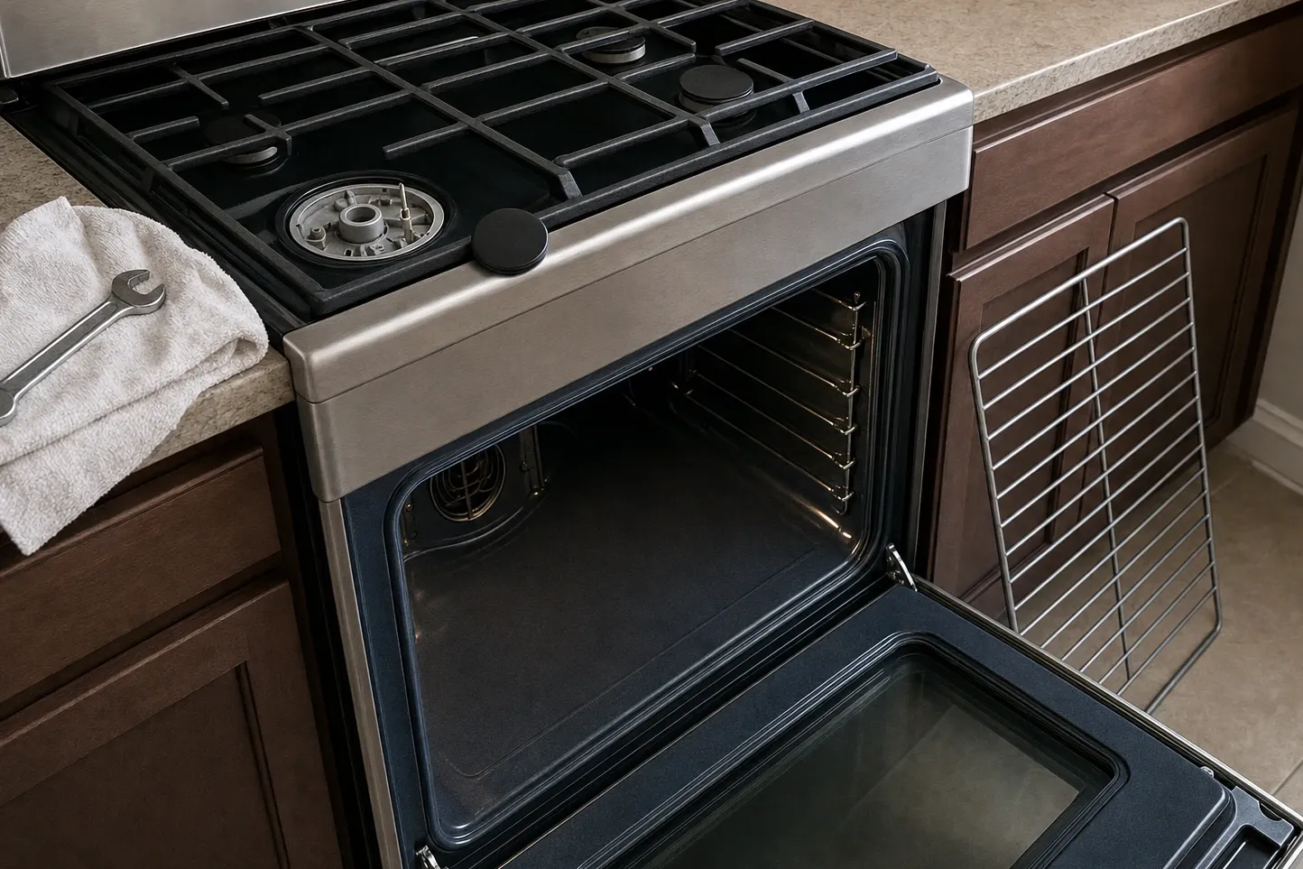 Looking down on a gas cooktop: cast-iron grates in place and one burner cap lifted aside from its base and igniter