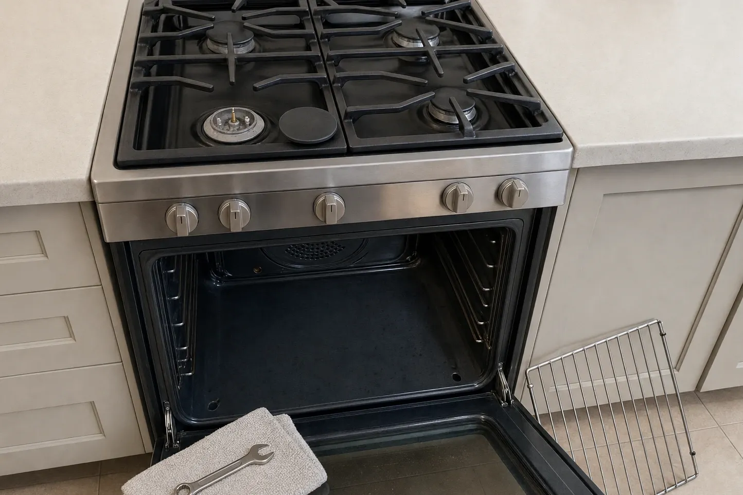 Stainless range in a cream-cabinet kitchen seen from above, a towel and open-end wrench resting on the open oven door