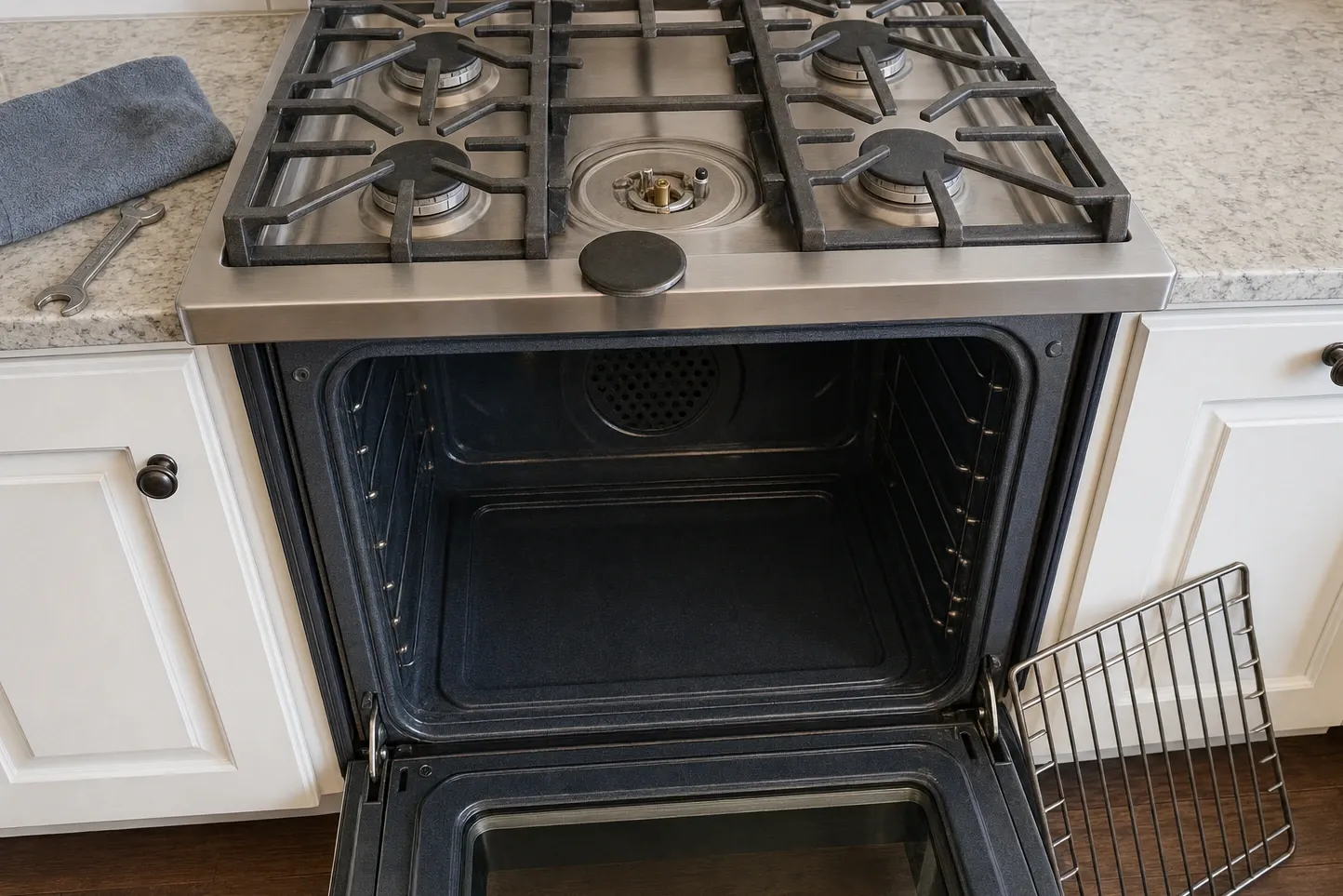 Looking straight down over a cooktop and on into the oven cavity underneath, one burner cap lifted clear