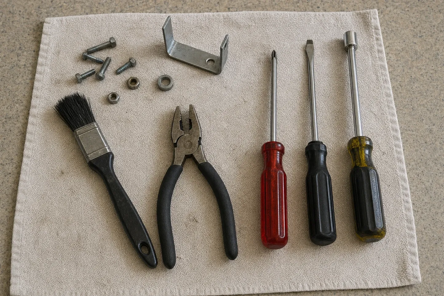 Six bolts, two nuts, a spacer and a folded U-bracket laid on linen with a parts brush, pliers and three drivers